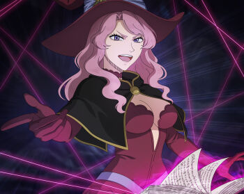 Rule 34 | 1girl, absurdres, black capelet, black clover, black clover m: rise of the wizard king, book, breasts, capelet, cleavage, elbow gloves, gloves, grimoire, hat, highres, large breasts, long hair, looking at viewer, non-web source, official art, open book, open mouth, pink hair, purple eyes, red gloves, red hat, teeth, upper body, upper teeth only, vanessa enoteca