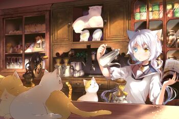 1girl ahoge analog_clock animal animal_ears blue_eyes blush book cat cat_ears catulus_syndrome choker clock coffee coffee_grinder coffee_pot colored_eyelashes cup drinking_glass faucet female_focus fork frilled_sleeves frills furrowed_brow heterochromia highres holding holding_book holding_pot indoors jar light_particles long_hair low_twintails official_art orange_eyes plaid_clothes plaid_sailor_collar plate pot pouring puffy_short_sleeves puffy_sleeves sailor_collar school_uniform serafuku shelf shinonome_neko-tarou shirakaba_yuki short_sleeves sink slice_of_life solo twintails v-shaped_eyebrows white_hair wine_glass