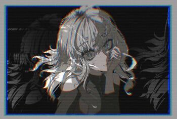 1girl blue_eyes border chromatic_aberration clothing_cutout commentary eyelashes glitch grey_theme hand_on_own_face heavy_chromatic_aberration highres juniper_(artist) long_hair looking_at_viewer monochrome original portrait ringed_eyes shoulder_cutout silhouette solo spot_color static television thick_eyelashes white_border white_hair wide-eyed