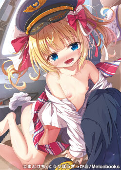 1girl :d airplane_interior black_shoes blonde_hair blue_eyes blue_hat blue_jacket blue_sky blush bottomless bow bow_panties bra breasts brown_pantyhose collarbone collared_shirt day dress_shirt groin hair_bow hat high_heels jacket loli long_sleeves looking_at_viewer matokechi melonbooks nipples nose_blush off_shoulder official_art open_clothes open_mouth open_shirt original panties pantyhose peaked_cap pointing red_bow shirt shoes sky sleeves_past_wrists small_breasts smile solo sunlight twintails underwear unworn_bra unworn_jacket unworn_panties white_bow white_bra white_panties white_shirt