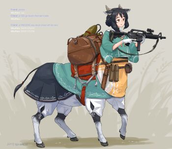 Rule 34 | 1girl, absurdres, animal ears, bag, black hair, bomb, centauroid, chat log, colt 9mm smg, commentary request, door stuck (meme), english text, explosive, full body, gloves, grenade, grey background, gun, hair between eyes, highres, holding, holding gun, holding weapon, horns, hozumi sousei, japanese clothes, knife, meme, open mouth, original, red eyes, short hair, sidelocks, simple background, solo, submachine gun, taur, weapon, white gloves
