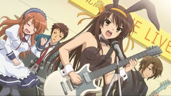 Rule 34 | 2boys, 2girls, animal ear hairband, animal ears, asahina mikuru, black bow, black bowtie, black leotard, bow, bowtie, brown eyes, brown hair, closed eyes, detached collar, drum, drum set, dutch angle, fake animal ears, gakuran, game cg, guitar, hairband, highres, instrument, kita high school uniform, koizumi itsuki, kouyouen academy school uniform, kyon, leotard, long hair, maid, multiple boys, multiple girls, necktie, official art, open mouth, playboy bunny, rabbit ears, red necktie, school uniform, strapless, strapless leotard, suzumiya haruhi, suzumiya haruhi no shoushitsu, suzumiya haruhi no tsuisou, suzumiya haruhi no yuuutsu, teeth, third-party source, upper teeth only, wrist cuffs