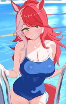 1girl animal_ears bare_arms bare_shoulders blue_one-piece_swimsuit blush breasts cleavage collarbone commentary hair_between_eyes heart highres horse_ears horse_girl horse_tail large_breasts long_hair looking_at_viewer loves_only_you_(umamusume) multicolored_hair one-piece_swimsuit open_mouth ponytail pool pool_ladder poolside red_hair school_swimsuit smile solo swimsuit tail tsumu618 umamusume water wet yellow_eyes