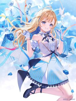 1girl ahoge animal bare_shoulders bird black_shoes blonde_hair blue_eyes blue_flower blue_hair blue_skirt blunt_bangs blush bow bowtie bracelet clothing_request cloud commentary_request copyright_name copyright_notice day detached_sleeves dove flower foot_out_of_frame gloves hands_up high_heels highres jewelry leg_up long_hair looking_at_viewer momoshiki_tsubaki multicolored_hair official_art outdoors petals puffy_short_sleeves puffy_sleeves riot_music shirakawa_shirase shoes short_sleeves skirt smile solo streaked_hair virtual_youtuber white_bird white_bow white_bowtie white_flower white_gloves white_sleeves