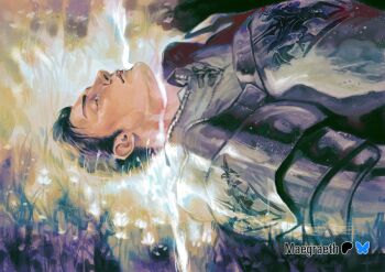 1boy armor artist_name black_hair breastplate closed_eyes closed_mouth field final_fantasy final_fantasy_xvi flower flower_field hair_slicked_back maegraeth male_focus pauldrons plate_armor shirt short_hair shoulder_armor sideburns solo terrence_(ff16) upper_body white_shirt