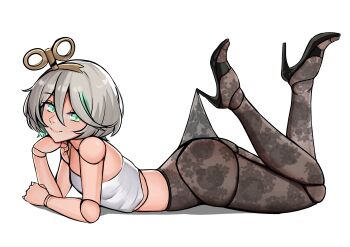 1girl absurdres ass breasts camisole cecilia_immergreen closed_mouth colored_inner_hair doll_joints green_eyes green_hair grey_hair hair_between_eyes high_heels highres hololive hololive_english joints lace_pantyhose lying multicolored_hair on_stomach panpanmc4 simple_background small_breasts smile solo virtual_youtuber white_background white_camisole winding_key