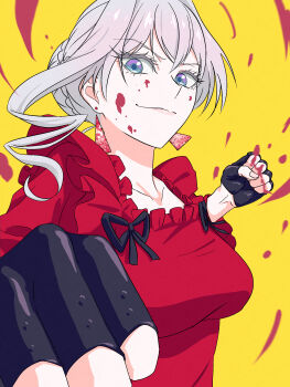 1girl absurdres black_gloves blood blue_eyes breasts collarbone dress earrings eyelashes fingerless_gloves gloves grey_hair hair_bun highres incoming_attack jewelry medium_breasts punching red_dress saigo_ni_hitotsu_dake_onegai_shite_mo_yoroshii_deshou_ka scarlet_el_vandimion simple_background smile solo spehtea upper_body yellow_background