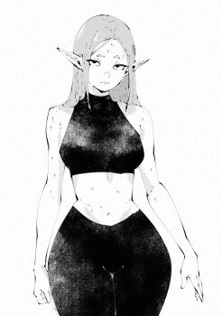 Rule 34 | 1girl, bare arms, breasts, closed mouth, commentary, cowboy shot, crop top, elf, english commentary, greyscale, highres, long hair, looking at viewer, medium breasts, miregeist, monochrome, navel, original, pants, parted hair, pointy ears, sanpaku, simple background, solo, stomach, sweat, white background, wide hips