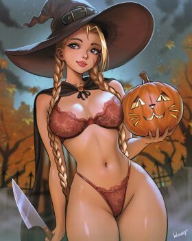 1girl autumn_leaves black_cloak black_hat blonde_hair blue_eyes blurry blurry_background bra braid breasts cameltoe cammy_white cloak closed_mouth commentary cowboy_shot curvy english_commentary facial_scar falling_leaves graveyard hat highleg highleg_panties highres holding holding_knife jack-o&#039;-lantern knife lace lace-trimmed_bra lace-trimmed_panties lace_trim large_breasts leaf light_smile lingerie long_hair looking_to_the_side low_twin_braids navel nipples panties parted_lips red_bra red_panties scar scar_on_cheek scar_on_face see-through_clothes shiny_skin sideways_glance signature smile solo standing street_fighter thong tombstone toned tree twin_braids underwear wide_hips witch_hat wuoarf ych_commission