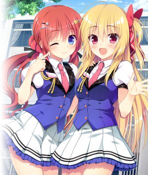 2girls ;3 ahoge black_ribbon blue_eyes blue_sky blue_vest blush bow breasts collared_shirt cowboy_shot day double_bun eyes_visible_through_hair frilled_skirt frills fuyuichi_monme hair_between_eyes hair_bow hair_bun hair_ornament hair_ribbon hairclip hand_up happy highres index_finger_raised long_hair low_twintails medium_breasts miniskirt multiple_girls necktie official_art one_eye_closed one_side_up open_mouth outdoors parallel_hairclips pleated_skirt puffy_short_sleeves puffy_sleeves red_bow red_eyes red_necktie ren&#039;ai_karichaimashita ribbon school_uniform segawa_emi shirt short_sleeves sidelocks skirt sky smile star_(symbol) star_hair_ornament tenma_hasumi third-party_source twintails very_long_hair vest waving white_shirt white_skirt