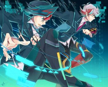 2boys akisaki alternate_form binary black_hair black_jacket black_pants blue_background brown_eyes clenched_hand colored_bangs control_panel_overlay digital_dissolve disintegration dress_shirt duel_disk colored_bangs energy_beam facing_to_the_side falling fujiki_yusaku green_eyes green_footwear green_pants green_trim highres holographic_interface homura_takeru jacket looking_to_the_side male_focus multicolored_hair multiple_boys necktie outstretched_arms pants raised_fist red_footwear red_necktie running school_uniform shirt spiked_hair streaked_hair transformation untucked_shirt user_interface virtual_reality white_hair white_shirt wind yellow_trim yu-gi-oh! yu-gi-oh!_vrains