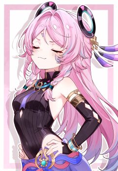 1girl arched_back bare_shoulders black_leotard blush breasts citlali_(genshin_impact) closed_mouth commentary_request covered_navel facial_mark floating_headgear forehead_mark from_side genshin_impact gradient_hair hands_on_own_hips headgear highres kuro774_n leotard long_hair medium_breasts multicolored_hair pink_hair purple_hair solo triangle triangle_facial_mark very_long_hair