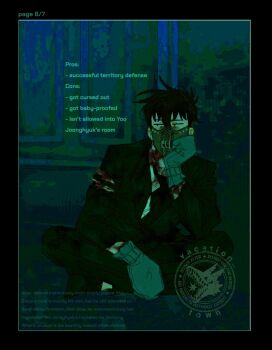 Rule 34 | 1boy, black coat, black hair, black necktie, blood, blood on clothes, coat, collared shirt, commentary, crossed legs, crossover, english text, full body, head rest, highres, jitome, kim dokja, looking to the side, male focus, mittens, muzzle (mask), necktie, no i'm not a human, omniscient reader's viewpoint, parody, red eyes, shirt, short hair, sitting, solo, torn clothes, torn shirt, vacation town, white shirt