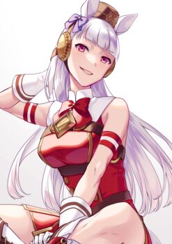 1girl akatsuki_(kuon) animal_ears armband blunt_bangs blush boots bow bowtie breasts brown_hat commentary_request dress ear_bow gloves gold_ship_(red_strife)_(umamusume) gold_ship_(umamusume) grey_hair hat horse_ears horse_girl horse_tail long_hair looking_at_viewer parted_lips pillbox_hat purple_bow purple_eyes red_bow red_bowtie red_dress simple_background sleeveless sleeveless_dress smile solo striped_armband striped_clothes tail umamusume white_background white_boots white_gloves