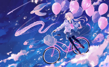 1girl absurdres artist_name balloon bicycle black_pantyhose blue_sailor_collar blue_skirt blue_sky cardigan closed_mouth cloud commentary commentary_request cool_colored english_commentary fish floating_hair flying_fish full_body grey_eyes highres holding holding_balloon long_hair long_sleeves looking_to_the_side midair mixed-language_commentary nautilus_(animal) neckerchief night oarfish open_cardigan open_clothes original outdoors pantyhose pink_hair pink_neckerchief pleated_skirt purple_cardigan riding riding_bicycle sailor_collar school_uniform sea_turtle serafuku shirt shoes shooting_star signature skirt sky smile solo star_(sky) surreal turtle twintails white_shirt yanagima_yu03