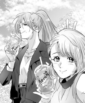 2girls belt closed_mouth cup faris_scherwiz final_fantasy final_fantasy_v greyscale highres holding holding_cup lenna_charlotte_tycoon long_hair looking_at_viewer monochrome motsutei multiple_girls ponytail short_hair siblings sisters smile