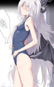 1girl ass blue_archive breasts demon_girl demon_horns demon_wings hampo1219 highres hina_(blue_archive) hina_(swimsuit)_(blue_archive) horns long_hair low_wings old_school_swimsuit school_swimsuit small_breasts solo standing swimsuit thighs very_long_hair white_hair wings