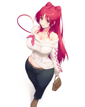 Rule 34 | absurdres, alternate costume, bag, breasts, brown eyes, cleavage, commentary, denim, english commentary, from above, highres, holding, holding bag, jeans, kousaka tamaki, leather belt, midriff, pants, pink ribbon, red hair, rein akane, ribbed sweater, ribbon, single bare shoulder, sweater, to heart (series), to heart 2, twintails, white background, white sweater