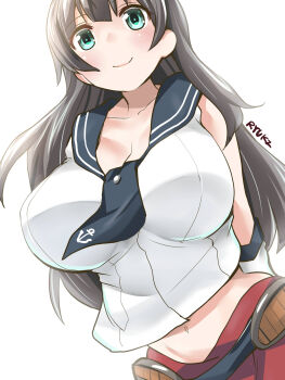 1girl agano_(kancolle) bare_shoulders black_hair black_sailor_collar blush breast_envy breasts cleavage closed_mouth crop_top gloves green_eyes highres kantai_collection large_breasts long_hair looking_at_viewer midriff pleated_skirt red_skirt ryuki_(ryukisukune) sailor_collar school_uniform serafuku shirt simple_background skirt sleeveless smile solo twitter_username white_background white_gloves white_shirt