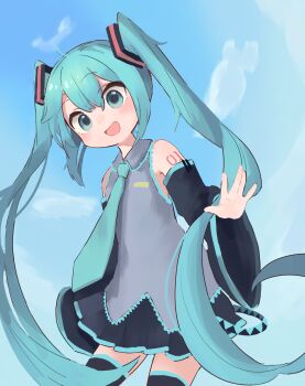 Rule 34 | :d, ameshi (rzuw4482), aqua eyes, aqua hair, aqua necktie, aqua trim, black skirt, black sleeves, black thighhighs, blue sky, body writing, cloud, commentary, day, detached sleeves, double-parted bangs, from below, grey shirt, hatsune miku, highres, long hair, long sidelocks, long sleeves, looking at viewer, looking down, miniskirt, necktie, open mouth, outdoors, pleated skirt, red pupils, shirt, sidelocks, skirt, sky, sleeveless, sleeveless shirt, smile, straight hair, thighhighs, twintails, very long hair, vocaloid, waving, wide sleeves, zettai ryouiki