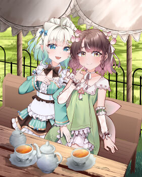 2girls ahoge blue_eyes brown_hair closed_mouth commission cup densetsu.exe dress flower grass hair_flower hair_ornament highres indie_virtual_youtuber looking_at_viewer mint_fantome mug multiple_girls open_mouth outdoors phoebe_(vtuber) pointy_ears reqware sitting smile tea virtual_youtuber white_hair yellow_eyes