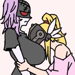 2girls angel angel_girl angewomon animated breasts demon demon_girl digimon digimon_(creature) face_to_breasts fallen_angel gerusyu head_wings ladydevimon long_hair mask multiple_girls video wings