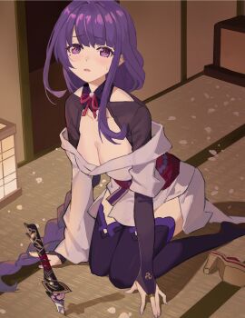 1girl blunt_bangs blush braid breasts cleavage clothing_cutout collarbone commentary embarrassed genshin_impact head_tilt highres indoors japanese_clothes katana kimono kneeling large_breasts leaning_forward long_braid long_hair looking_at_viewer mole mole_under_eye neck_ribbon nose_blush off_shoulder on_floor open_mouth ptdra purple_eyes purple_hair purple_kimono purple_thighhighs raiden_shogun red_ribbon red_sash ribbon sash shade shadow shoulder_cutout single_braid solo sweatdrop sword thighhighs weapon