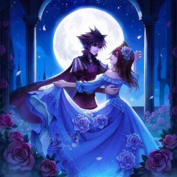 1boy 1girl alternate_color alternate_costume artist_name blue_dress blue_eyes blue_flower blue_rose brown_hair closed_mouth dancing dress flower formal_clothes hair_flower hair_ornament highres holding_hands hollypolllyy kairi_(kingdom_hearts) kingdom_hearts kingdom_hearts_ii lips long_hair long_sleeves looking_at_another moon night night_sky nomura_tetsuya_(style) outdoors petals pink_flower pink_lips pink_rose pointy_hair profile red_hair rose sky smile sora_(kingdom_hearts) star_(sky) waltz_(dance)