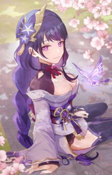 1girl back_bow blue_pupils blunt_bangs blurry bow braid breasts bridal_gauntlets bug butterfly cherry_blossoms cleavage closed_mouth clothing_cutout commentary crystalfly_(genshin_impact) depth_of_field fan_hair_ornament from_side genshin_impact glowing glowing_butterfly grass happy_birthday highres huge_breasts insect japanese_clothes kimono light_smile lingerie long_braid long_hair looking_at_viewer looking_to_the_side mole mole_under_eye multicolored_eyes neck_ribbon off_shoulder on_ground outdoors purple_eyes purple_hair purple_kimono purple_thighhighs raiden_shogun red_ribbon red_sash ribbon saigawa_genshin sash shade shoulder_cutout single_braid sitting solo thighhighs underwear upper_body