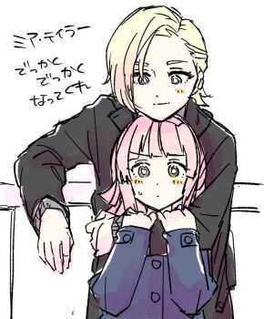 2girls arm_around_neck black_coat blonde_hair blue_coat blush closed_mouth coat commentary_request expressionless grey_eyes light_smile looking_at_another love_live! love_live!_nijigasaki_high_school_idol_club love_live!_nijigasaki_high_school_idol_club_the_movie_-_finale mia_taylor multiple_girls pink_hair purple_eyes simple_background solllolll split_mouth sweatdrop tennoji_rina translation_request upper_body white_background