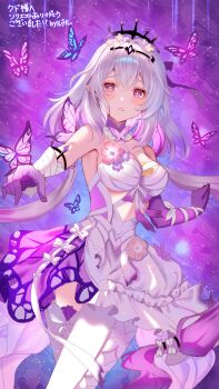 1girl absurdres asymmetrical_gloves asymmetrical_legwear bare_shoulders black_tiara breasts bug butterfly butterfly_on_hand castorice_(honkai:_star_rail) cleavage colored_inner_hair commentary_request commission cowboy_shot dress floating_hair gloves highres hikari_no honkai:_star_rail honkai_(series) insect large_breasts long_hair looking_at_viewer low_twintails multicolored_hair parted_lips pointy_ears purple_butterfly purple_eyes purple_gloves purple_hair skeb_commission solo star_(sky) starry_sky_background tiara twintails uneven_gloves uneven_legwear very_long_hair white_dress