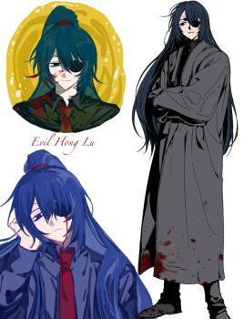 Rule 34 | 1boy, alternate costume, bags under eyes, black eyes, black hair, black pants, black shirt, black shoes, bleeding, blood, blood on clothes, blood on face, character name, closed mouth, coat, collared shirt, cropped shoulders, crossed arms, empty eyes, english text, expressionless, eyepatch, family hierarch candidate (identity) (project moon), full body, grey coat, hair between eyes, hair down, head on hand, head rest, high ponytail, hong lu (project moon), lalatuuuu, light smile, limbus company, long coat, long hair, looking at viewer, male focus, necktie, one eye covered, pants, parted lips, ponytail, project moon, red necktie, shirt, shoes, simple background, solo, standing, turtleneck, turtleneck shirt, upper body, very long hair, white background, yellow eyes