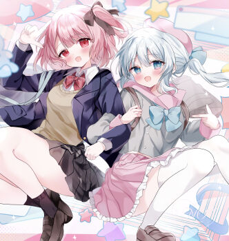 2girls :d absurdres beret black_socks blue_bow blue_eyes blue_jacket blush bow bowtie brown_shoes brown_skirt cardigan_vest commentary_request contrast_collar flying gradient_eyes grey_shirt hair_bow hat highres jacket knees_up layered_sleeves loafers locked_arms long_hair long_sleeves multicolored_eyes multiple_girls nahoshi_(sevenstar744) one_side_up open_mouth original pink_hat pink_sailor_collar pink_skirt pleated_skirt pointing red_bow red_eyes red_hair sailor_collar shirt shoes short_hair sidelocks skirt smile socks star_(symbol) star_in_eye symbol_in_eye thighhighs thighs white_hair white_thighhighs