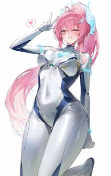 Rule 34 | 1girl, absurdres, aemeath (wuthering waves), alternate costume, bodysuit, breasts, commentary, covered navel, grin, hair ornament, hand up, hashtag-only commentary, heart, highres, hisiya (wldn1112), long hair, looking at viewer, mecha pilot suit, medium breasts, one eye closed, orange eyes, pink hair, ponytail, simple background, smile, solo, spoken heart, star-shaped pupils, star (symbol), symbol-shaped pupils, tacet mark (wuthering waves), w, white background, white bodysuit, wuthering waves
