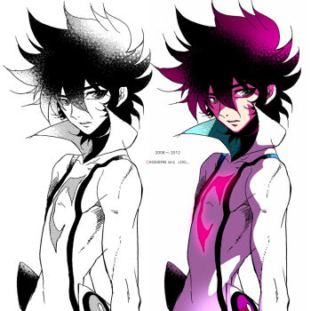 1boy akira-riku black_hair bodysuit casshern casshern_(series) casshern_sins commentary_request dated expressionless grey_eyes hair_between_eyes long_bangs looking_at_viewer male_focus multiple_views open_mouth popped_collar purple_hair short_hair simple_background spiked_hair upper_body white_background white_bodysuit