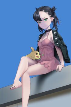 Rule 34 | 1girl, absurdres, asymmetrical bangs, backgom, bare legs, barefoot, black choker, black hair, black jacket, black nails, blue sky, breasts, choker, cleavage, commentary request, dress, earrings, gen 8 pokemon, green eyes, hair ribbon, highres, jacket, jacket on shoulders, jewelry, marnie (pokemon), morpeko, morpeko (full), nail polish, nintendo, on lap, pink dress, pokemon, pokemon (creature), pokemon on lap, pokemon swsh, red ribbon, ribbon, sitting, sky, small breasts, thighs, toenail polish, toenails, twintails, undercut