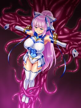 1girl absurdres bare_shoulders blue_eyes blush boots bow breasts clenched_teeth covered_erect_nipples covered_navel elbow_gloves element_venus full_body gloves gradient_background hair_bow high_ponytail highleg highleg_leotard highres impossible_clothes impossible_leotard kisaragi_nozomi large_breasts leotard long_hair magical_girl outstretched_arms pink_hair ponytail purple_background restrained ribbon shinsou_seiki_elementia shiny_clothes shiny_skin sirano skin_tight solo spread_arms teeth tentacles thigh_boots thigh_gap thighhighs very_long_hair white_gloves white_leotard white_thighhighs