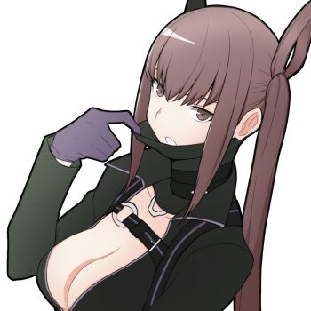 1girl ayu_(ddestiny944) black_bodysuit bodysuit breasts brown_eyes brown_hair catsuit chest_harness cleavage digimon digimon_story:_time_stranger gloves harness highres long_hair mask mask_pull medium_breasts mouth_mask open_clothes portrait purple_gloves shiroki_asuna sidelocks solo