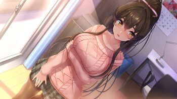 1girl absurdres akasaai arm_under_breasts blurry blurry_background blush breasts brown_eyes brown_hair calendar_(object) collarbone commentary_request cowboy_shot crossed_bangs door dutch_angle furrowed_brow grey_skirt hair_between_eyes hair_ribbon hand_on_own_arm highres indoors large_breasts long_hair looking_at_viewer ninnindays nose_blush pantyhose parted_lips pink_ribbon pink_sweater plaid_clothes plaid_skirt ponytail ribbon skirt solo sumire_(ninnindays) sweater table taut_clothes tights_day