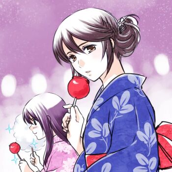 Rule 34 | 10s, 2girls, black eyes, black hair, blush, brown eyes, candy apple, cotton candy, festival, folded ponytail, food, hair up, holding, holding cotton candy, holding food, japanese clothes, kimono, lantern, leaf print, long hair, looking at viewer, minashiro orihime, multiple girls, paper lantern, parted lips, short hair, smile, soukyuu no fafner, sparkle, takenoko (flamingo garden), taketami seri, tatekami seri, yukata