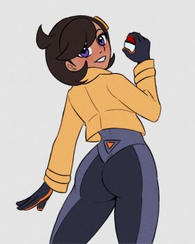1girl ass black_hair bodysuit dark-skinned_female dark_skin emma_(pokemon) gloves highres jacket long_sleeves looking_at_viewer nintendo pants poke_ball pokemon pokemon_legends:_z-a short_hair teeth yumemoriart