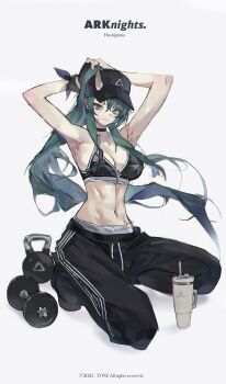1girl absurdres adjusting_hair arknights arm_behind_head armpits arms_up artist_name bare_arms bare_shoulders black_bra black_choker black_hat black_pants bottle bra breasts calvin_klein character_name choker cleavage copyright_name copyright_notice dumbbell fingerless_gloves full_body gloves green_hair grey_eyes hair_between_eyes hat highres horns hoshiguma_(arknights) kneeling large_breasts long_hair midriff navel pants ponytail ribbon simple_background single_fingerless_glove single_horn solo stomach striped_clothes striped_pants toned toned_female triangle underwear vertical-striped_clothes vertical-striped_pants water_bottle weight white_background wrist_ribbon yone_?_(yone_fatesealed)