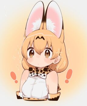 1girl animal_ears animal_print bare_shoulders blonde_hair blush bow bowtie cat_ears cat_girl cat_print commentary commentary_request elbow_gloves extra_ears gloves hair_between_eyes high-waist_skirt highres kemono_friends notora print_bow print_bowtie print_gloves print_skirt serval_(kemono_friends) shirt short_hair sidelocks skirt sleeveless solo sparkle symbol-only_commentary upper_body white_shirt yellow_bow yellow_bowtie yellow_eyes yellow_gloves yellow_skirt