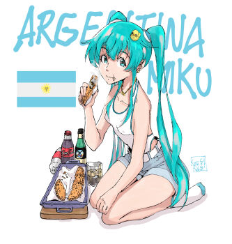 1girl absurdly_long_hair aqua_eyes aqua_hair argentinian_flag argentinian_flag_print argentinian_miku bare_legs breasts character_name coca-cola denim denim_shorts drink ear_piercing empanada female_focus fernet_with_cola flag_print food full_body hair_between_eyes hair_ornament happy hatsune_miku highleg highleg_one-piece_swimsuit highres holding holding_food jewelry kuraikabe long_hair looking_at_viewer necklace one-piece_swimsuit piercing shirt shorts smile socks star-shaped_pupils star_(symbol) swimsuit symbol-shaped_pupils twintails very_long_hair vocaloid walking white_background white_one-piece_swimsuit white_shirt white_socks wide_hips