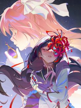 Rule 34 | 2girls, akemi homura, black hair, blush, bow, closed eyes, crying, flower, gloves, highres, kaname madoka, long hair, magical girl, mahou shoujo madoka magica, multiple girls, pink hair, ribbon, skeletal hand, sky, soul gem, spider lily, star (sky), starry sky, tears, teeth, twintails, ultimate madoka, upper body, vickypyon