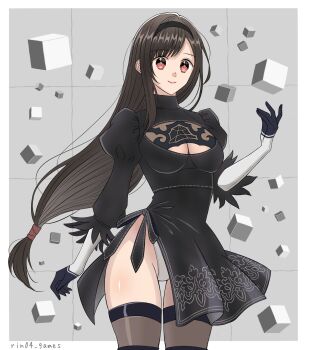 1girl 2b_(nier:automata) 2b_(nier:automata)_(cosplay) black_dress black_gloves black_hair black_hairband black_thighhighs breasts cleavage cleavage_cutout closed_mouth clothing_cutout commentary_request cosplay cowboy_shot cube dress feather-trimmed_sleeves final_fantasy final_fantasy_vii final_fantasy_vii:_ever_crisis gloves hairband highres juliet_sleeves large_breasts leotard long_hair long_sleeves looking_at_viewer low-tied_long_hair nier:automata nier_(series) nier_reincarnation official_alternate_costume puffy_short_sleeves puffy_sleeves red_eyes rin04_games short_sleeves smile solo thighhighs thighs tifa_lockhart tifa_lockhart_(battler_ensemble) turtleneck turtleneck_dress twitter_username white_leotard