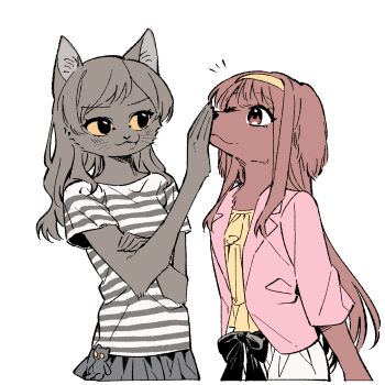 2girls animal_nose brown_fur brown_hair cat_girl closed_mouth dog_girl furrification furry furry_female hairband highres idolmaster idolmaster_million_live! jacket kitazawa_shiho korean_commentary lapels long_hair looking_at_another multiple_girls neonfloyd notched_lapels pink_jacket red_fur red_hair second-party_source shirt short_sleeves simple_background snout standing striped_clothes striped_shirt stuffed_animal stuffed_cat stuffed_toy t-shirt tanaka_kotoha white_background yellow_hairband