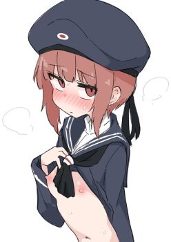 1girl ame_(amechan17391739) blush breasts brown_eyes clothes_lift dress dress_lift hat kantai_collection loli military_hat navel nipples red_hair sailor_collar sailor_dress sailor_hat shirt_lift short_hair simple_background small_breasts sweat white_background z3_max_schultz_(kancolle)