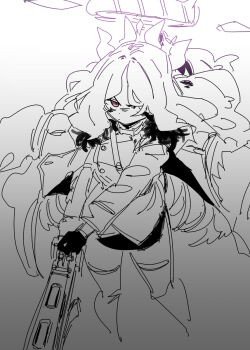 angry black_gloves blue_archive from_above gloves gun hair_over_one_eye halo highres hina_(blue_archive) holding holding_gun holding_weapon long_hair looking_at_viewer orange_eyes partially_colored samsick standing v-shaped_eyebrows very_long_hair weapon