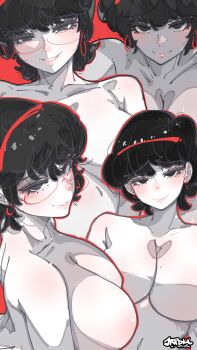 1girl absurdres artist_name black_eyes black_hair breasts closed_mouth commentary earrings english_commentary glasses hairband highres jewelry jrpencil large_breasts looking_at_viewer mole mole_on_breast multiple_views no_nipples nude original parted_lips red_background red_hairband short_hair simple_background smile